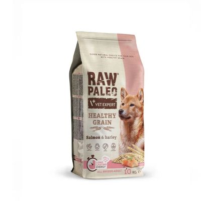 Raw Paleo Healthy Grain Salmon dog food for adult dogs, made with salmon and barley in a 10 kg package.