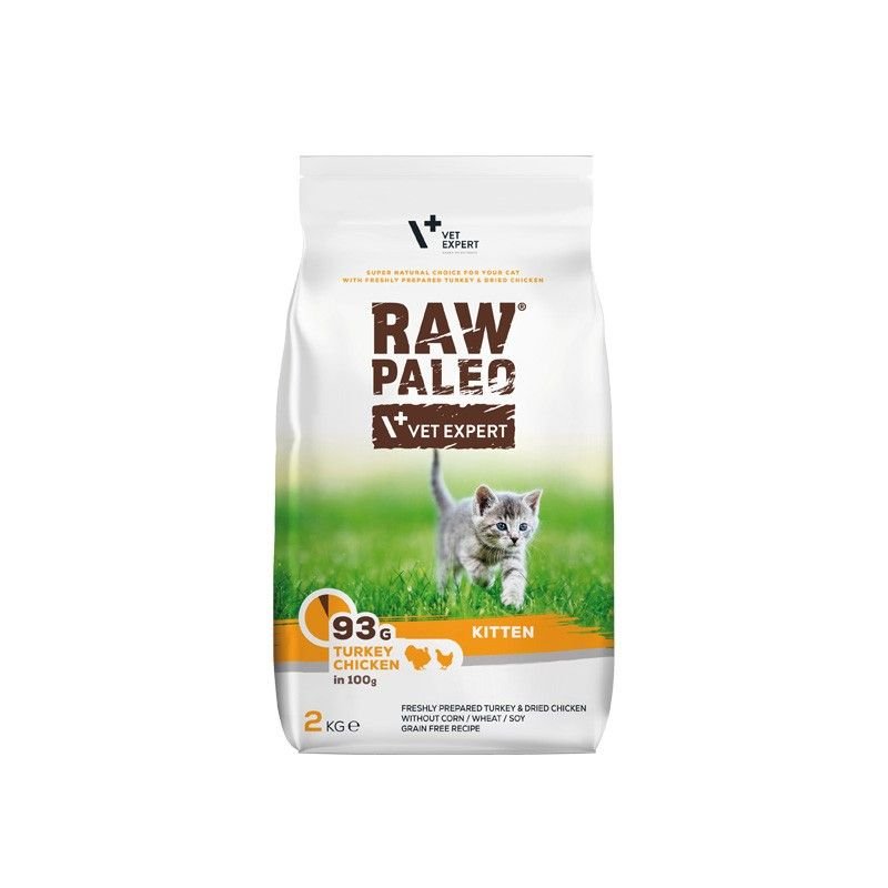 RAW PALEO Kitten Turkey & Chicken 2kg bag, grain-free pet food for growing kittens.