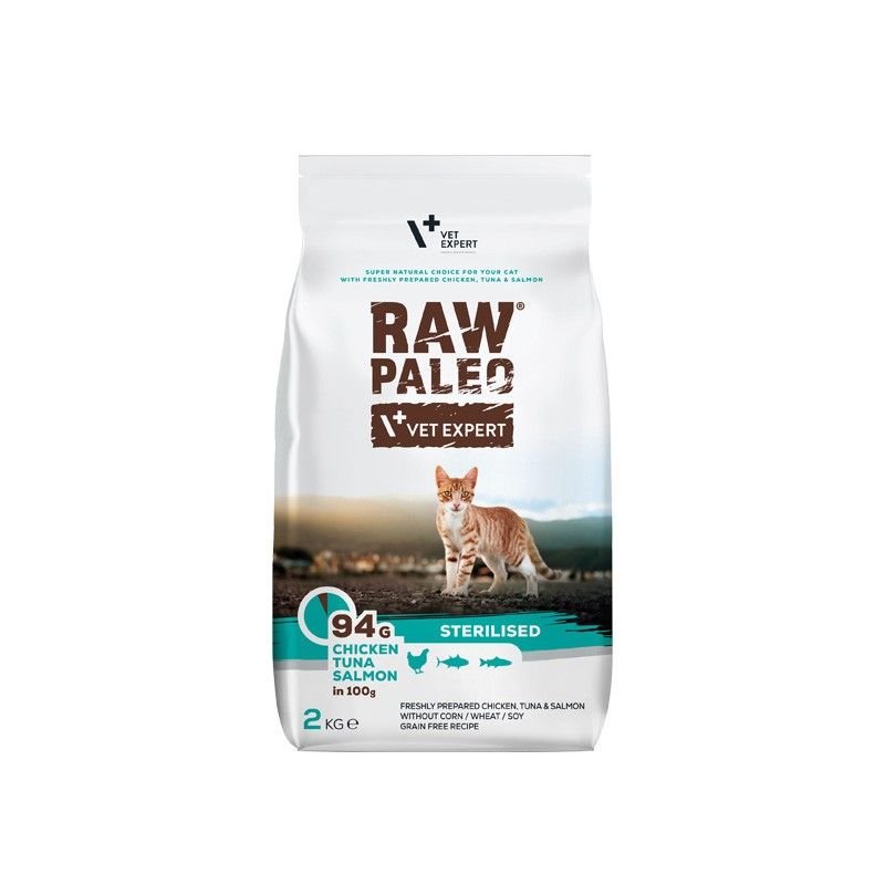 RAW PALEO Sterilised Cat food, 94g chicken, tuna, salmon, 100g serving, grain-free formula, designed for neutered cats.
