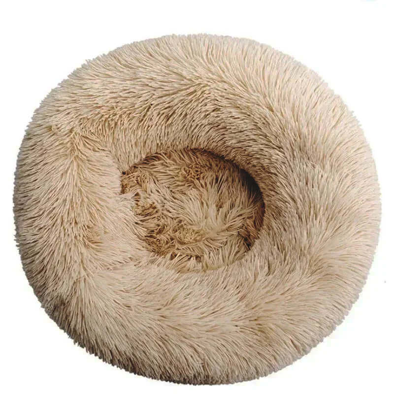Round plush pet bed in soft beige, ideal for small to large dogs and cats, providing warmth and comfort for winter sleeping.