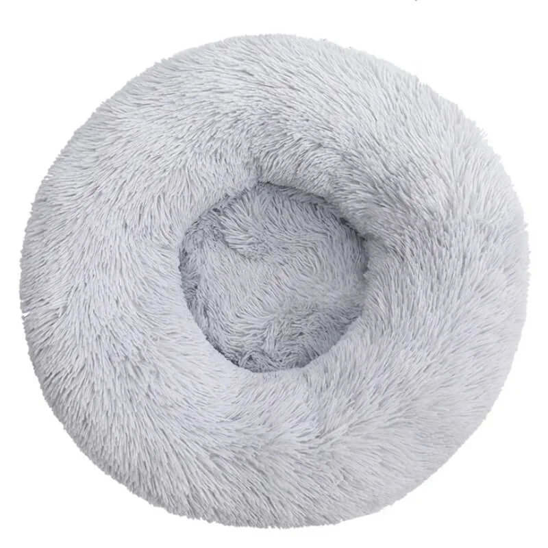 Round grey plush pet bed, super soft and warm, ideal for small to large dogs and cats.