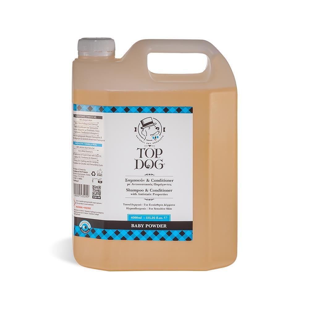 Шампоан и балсам Baby Powder 4 литра за чувствителна кожа на кучета, подходящ за малки и възрастни домашни любимци.