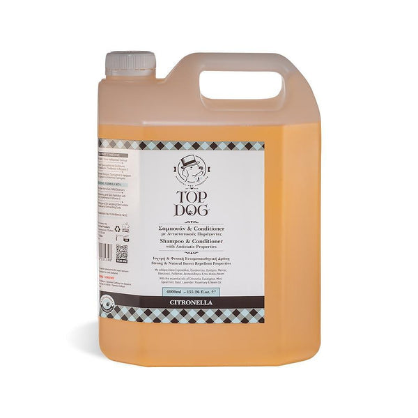 4-liter Citronella shampoo and conditioner for pets, provides strong protection against external parasites.