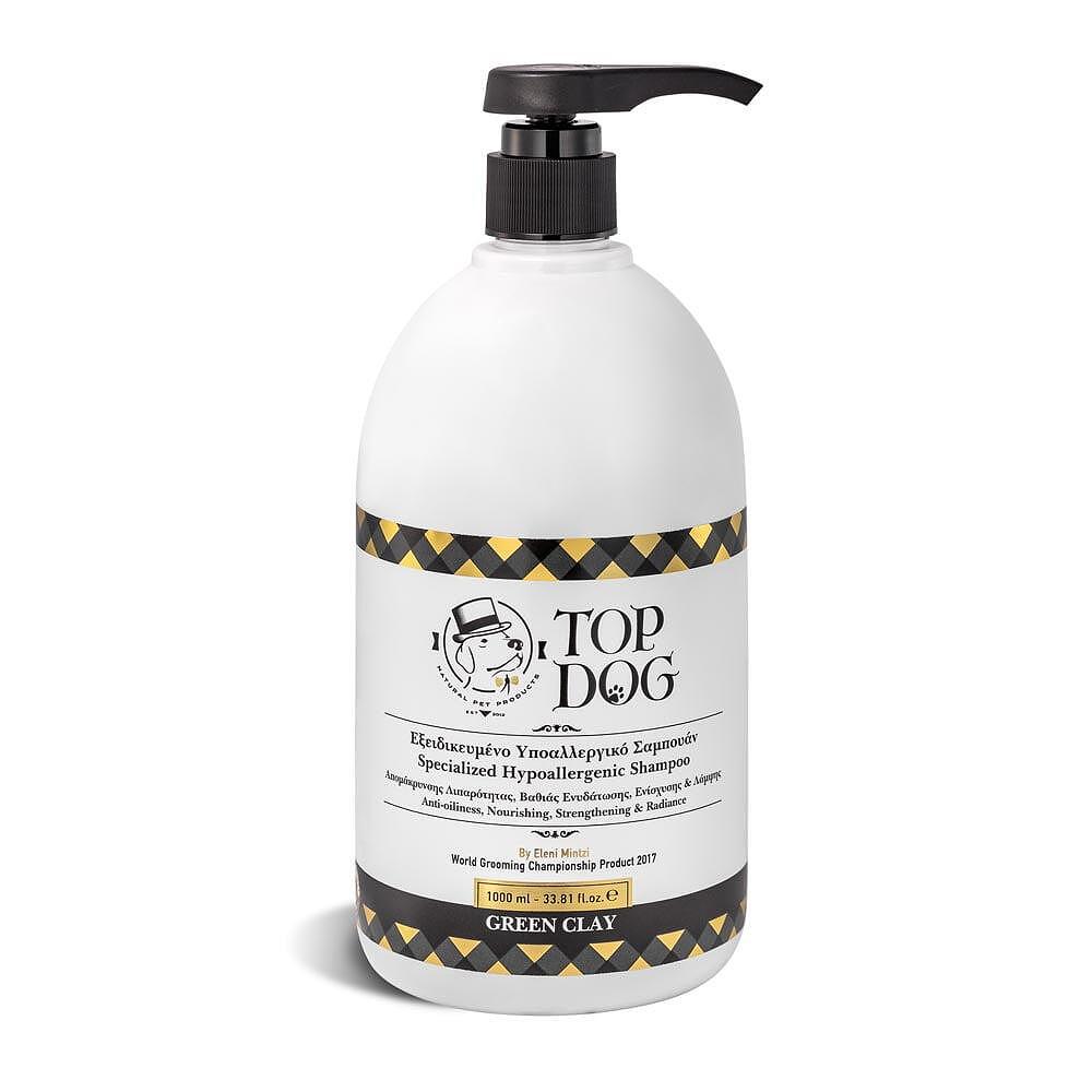 Top Dog Green Clay shampoo 1L for deep hydration, shine, and oil removal on fur, with 80% aloe and bentonite.