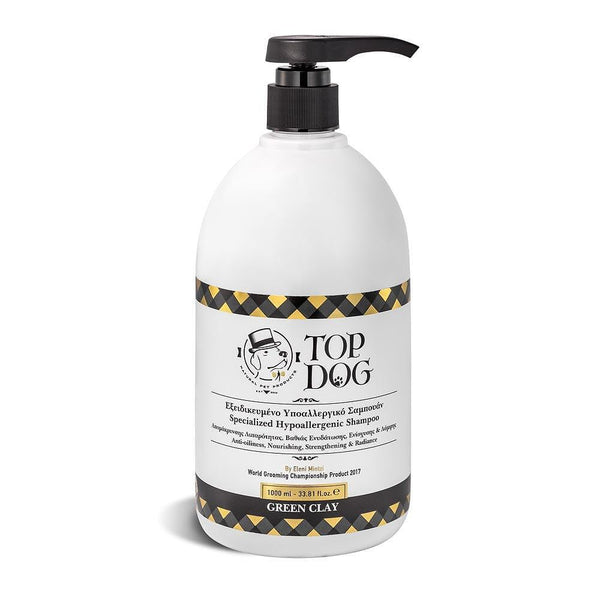 Top Dog Green Clay shampoo 1L for deep hydration, shine, and oil removal on fur, with 80% aloe and bentonite.