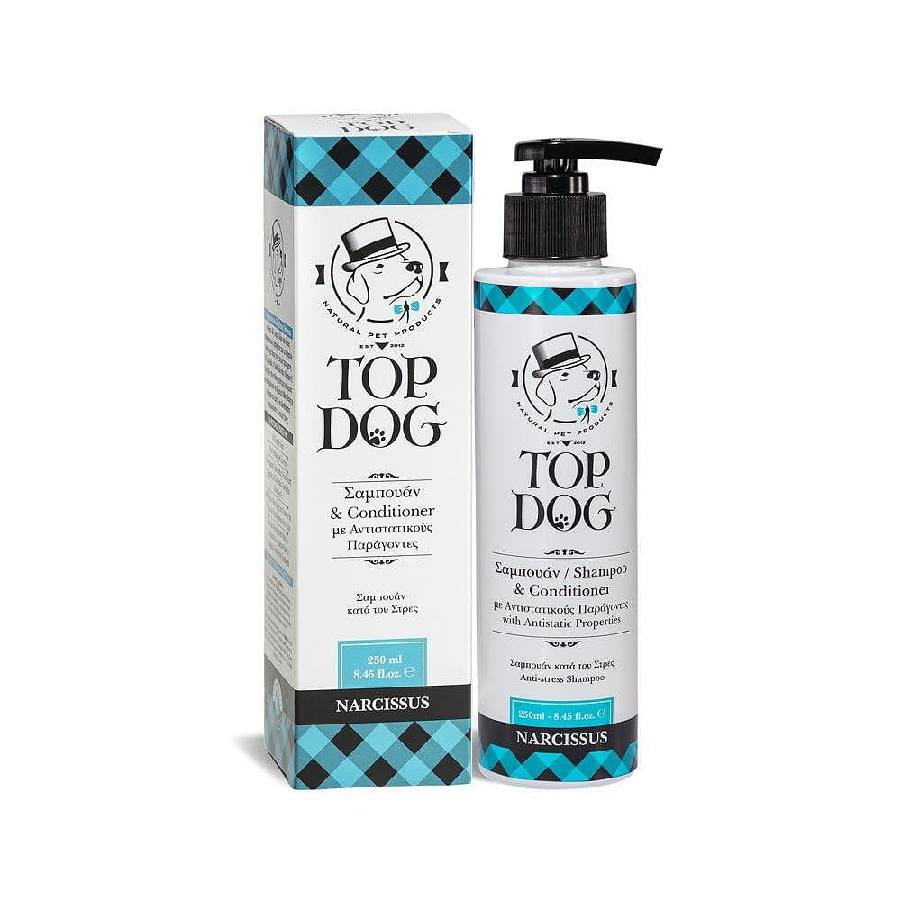 Шампоан и балсам Top Dog в опаковка 250 ml от Narcissus, идеален за всички типове козина.