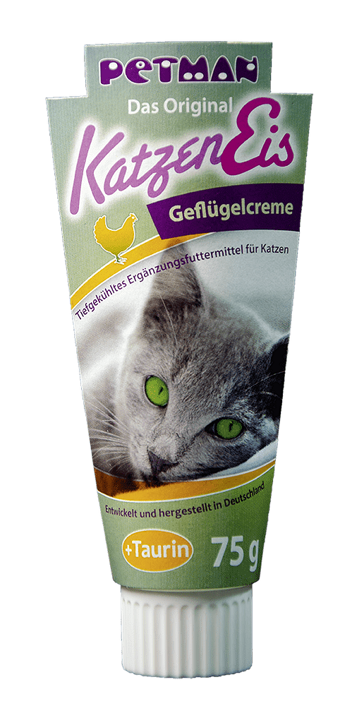 Сладолед за котки с пиле, чесно представяне на 75 гр опаковка с изображение на котка.