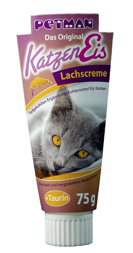 Сладолед за котки със сьомга от Petman, 75 грама, обогатен с таурин, привлекателен за питомците.