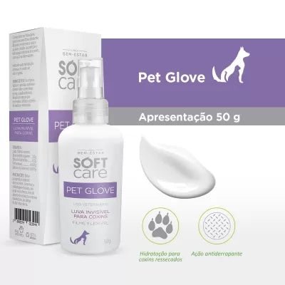 SOFT CARE PET GLOVE 50g for intense hydration of pets' paws, featuring anti-slip formula and moisturizing lotion.