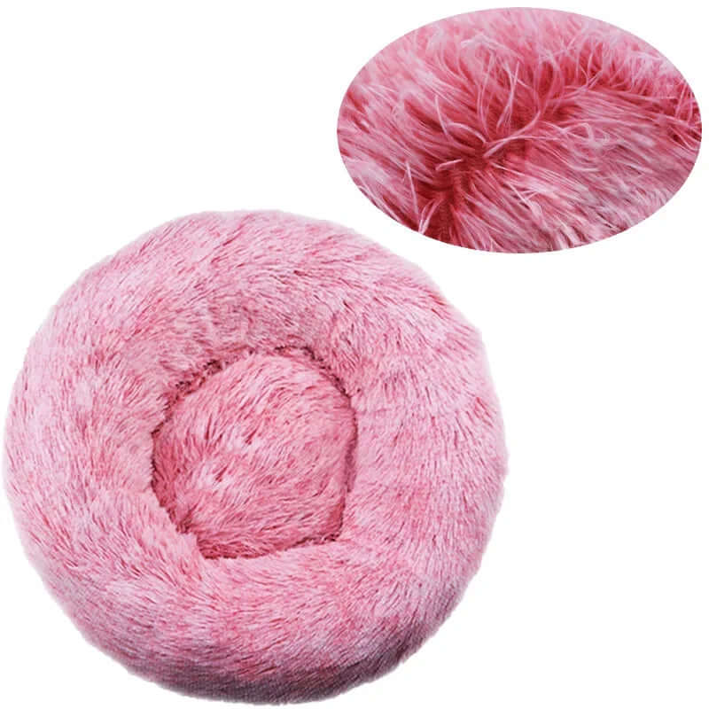 Pink round pet bed made of super soft plush fleece, ideal for large dogs and cats.