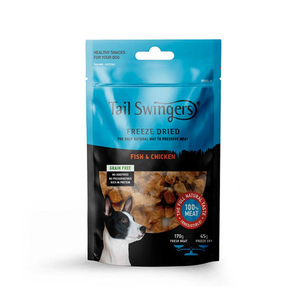 Tail Swingers Freeze Dried Fish and Chicken dog treats, grain-free, high-protein, natural ingredients.