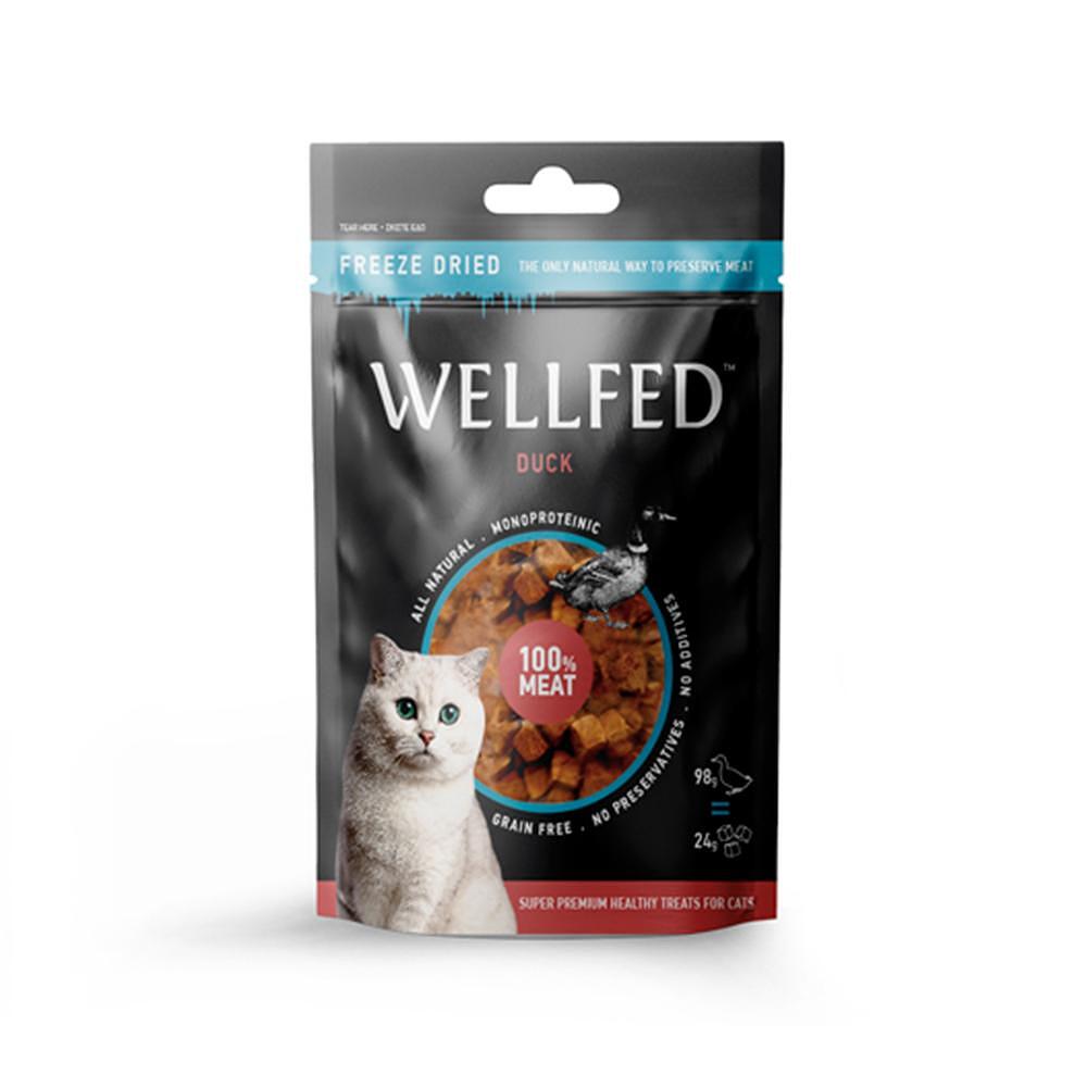 Wellfed Duck freeze-dried cat treats featuring high-quality, all-natural ingredients and rich protein content.
